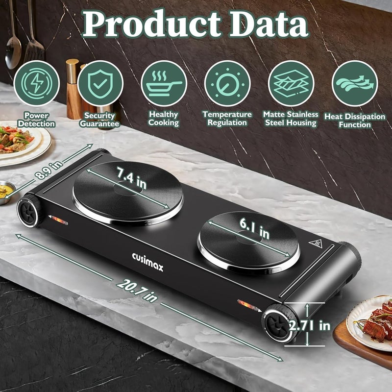 CUSIMAX Hot Plate,1800W Electric Stove Countertop Double Cast Iron Burner with Adjustable Temperature,7.4”+6.1” Portable Hot Plates for Cooking,Compatible for All Cookwares - Image 3